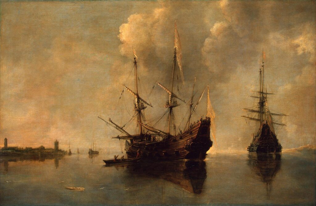Two Ships at Anchor, pintura de Andries van Eertvelt, decada de 1640, oleo sobre lienzo